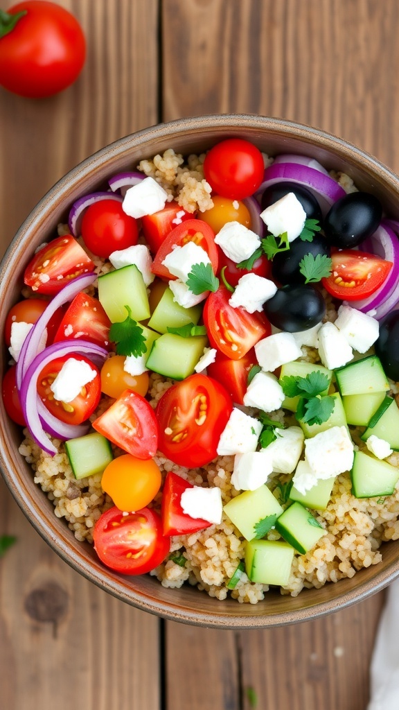 A colorful Mediterranean quinoa bowl with tomatoes, cucumber, olives, and feta cheese on a wooden table.